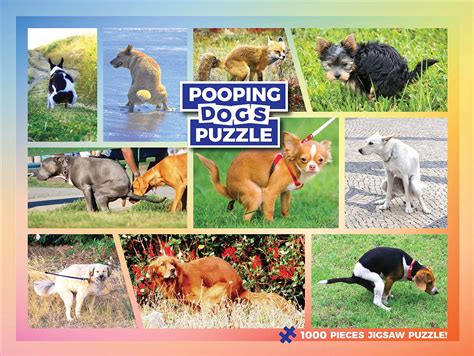 Pooping dogs puzzle - No. of pieces: 1000. Hilarious and challenging jigsaw puzzle. Packed with adorable pooches poised for a poop. Large, extra-thick pieces for easy handling. Glare and virtually dust-free finish. Specially printed using non-toxic inks. Perfect for dog lovers with a sick sense of humour! Materials: Cardboard. Recommended for ages 7+ years.